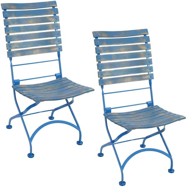 Sunnydaze Decor Cafe Couleur Folding Chestnut Blue Wooden Outdoor Folding Dining Chair (Set of 2)