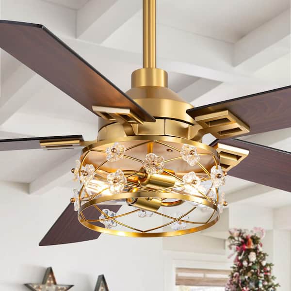 Craig 52 in. Standard Gold Ceiling Fan with Light Kit, Downrod, Black/Brown Blade and Remote Included