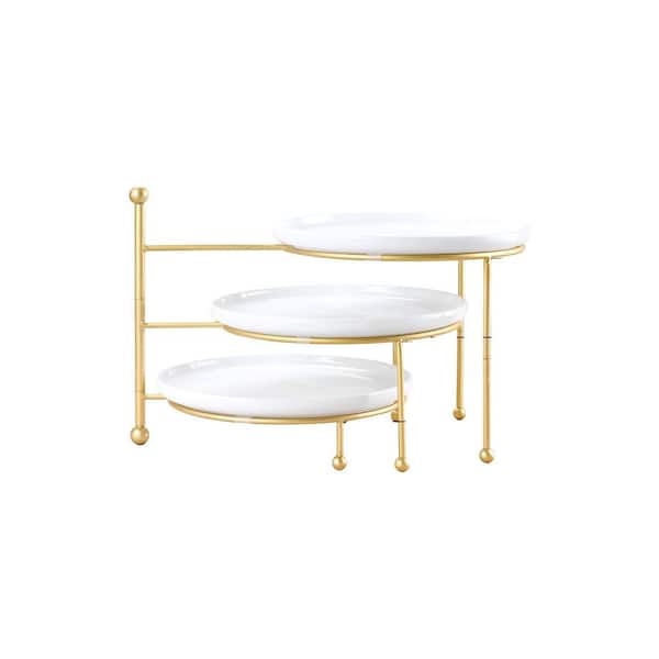 3-Tier Serving Stand with 10 in. White Porcelain Round Plates, Adjustable Cupcake Stand for Party, Wedding, Gold