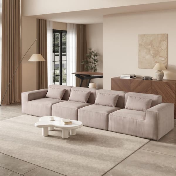 149 in. Square Arm Cloud Fleece Fabric 4-Seater Memory Foam Deep Seat Modular Sectional Sofa in. Brown