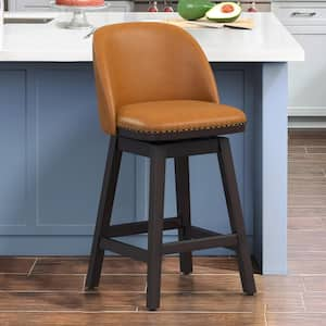 26 in. Whiskey Brown Wood Frame Fabric Swivel Cushioned Bar Stool, Swivel Counter Stool