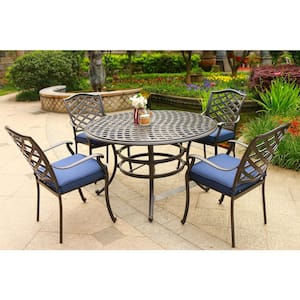 Landon 5-Piece Aluminum Outdoor Dining Set with Blue Cushion, 4 Piece Chairs, Round Table