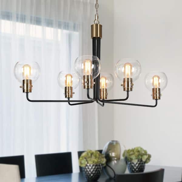 Zevni 6-Light Brass Gold Chandelier Clear Globe Glass Hanging Pendant Lighting Modern Black Ceiling Light Fixture