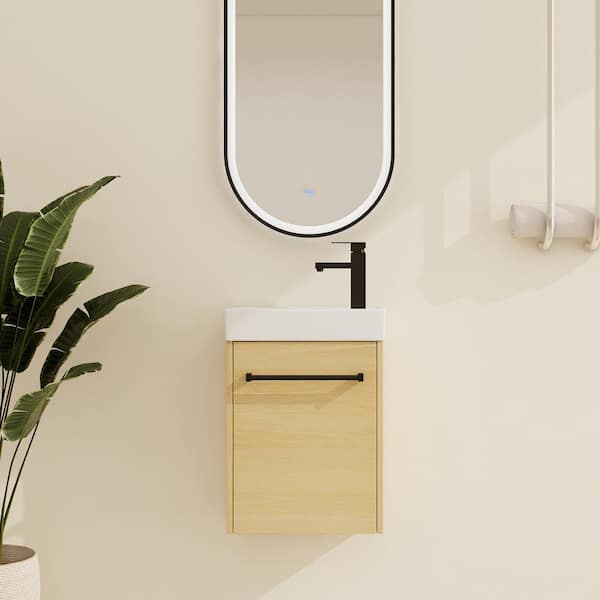 15.9 in. W x 8.8 in. D x 22.1 in. H Single Wall-Mounted Oak Bath Vanity with White Ceramic Vanity Top