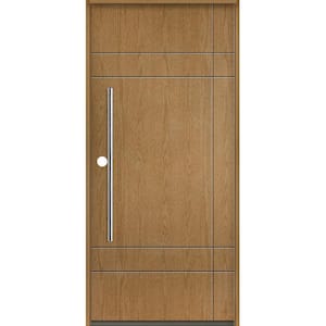 SUMMIT Modern Faux Pivot 36 in. x 80 in. Right-Hand/Inswing Solid Panel Bourbon Stain Fiberglass Prehung Front Door