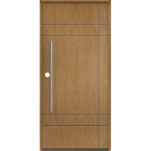 Krosswood Doors SUMMIT Modern Faux Pivot 36 in. x 80 in. Right-Hand/Inswing Solid Panel Bourbon Stain Fiberglass Prehung Front Door