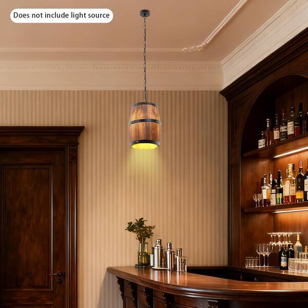 OUKANING 1-Light Brown Retro Cage Wood Barrel Pendant Light with