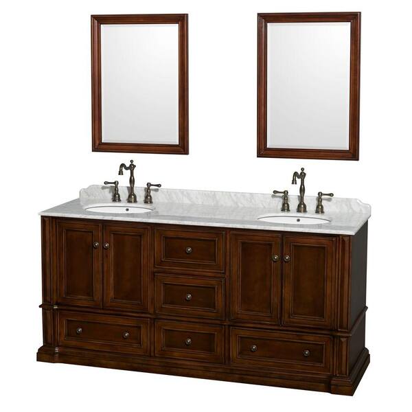 Wyndham Collection Rochester 73.5 in. Double Vanity in Cherry with Marble Vanity Top in White Carrara and 24 in. Mirrors