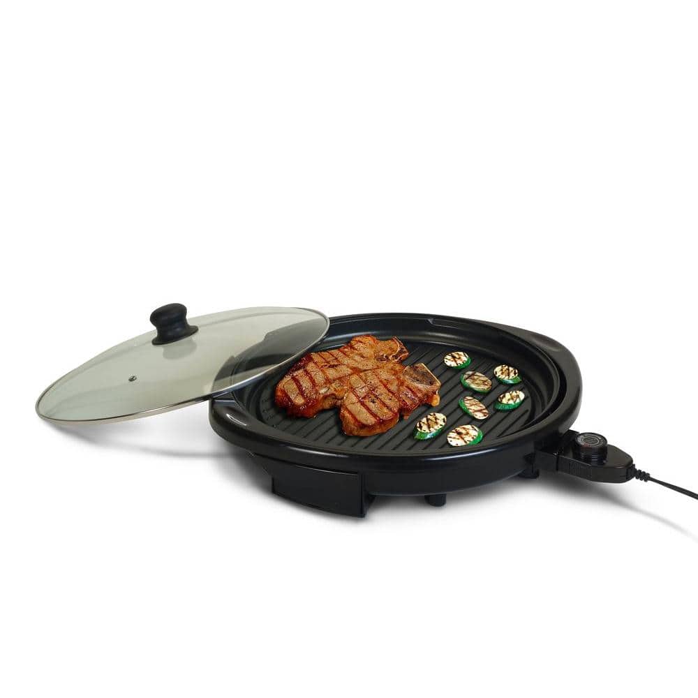 Elite Black Round Aluminum Indoor Electric Grill with Glass Lid