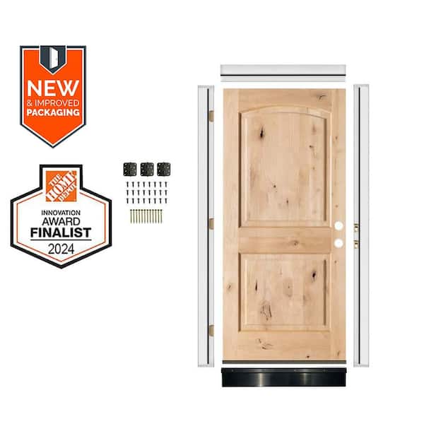 DIY 36 in. x 80 in. Knotty Alder 2-Panel Left-Hand Arch Unfinished Single Wood Front Door Kit w/ Quick Assemble Jamb