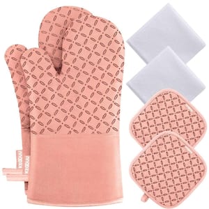 6Pcs Oven Mitts and Pot Holders with High Heat Resistant 500° and Non-Slip Silicon Surface for Cooking in Pink