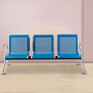 Metal Waiting Room Chairs in Blue with Arms 3-Seat Airport Reception Bench for Business Market Conference Room