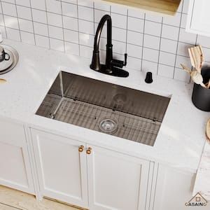Stainless Steel Sink 30 in. 16-Gauge Single Bowl Undermount Kitchen Sink in Brushed with Bottom Grid and Drainer