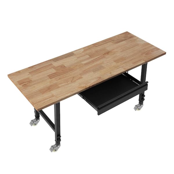 Adjustable Workbench on Wheels with Drawer & Power Outlets, 2000 lbs. Capacity, 60 x 24 In. Oak Wood Top Workbench