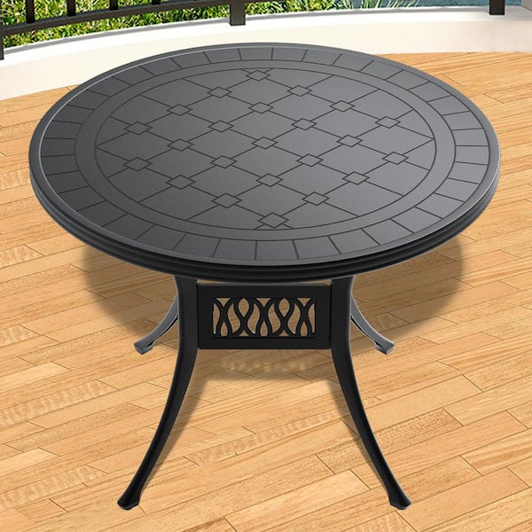 39.37 in. Black Frame Cast Aluminum Patio Dining Table with Carved Texture On the Tabletop