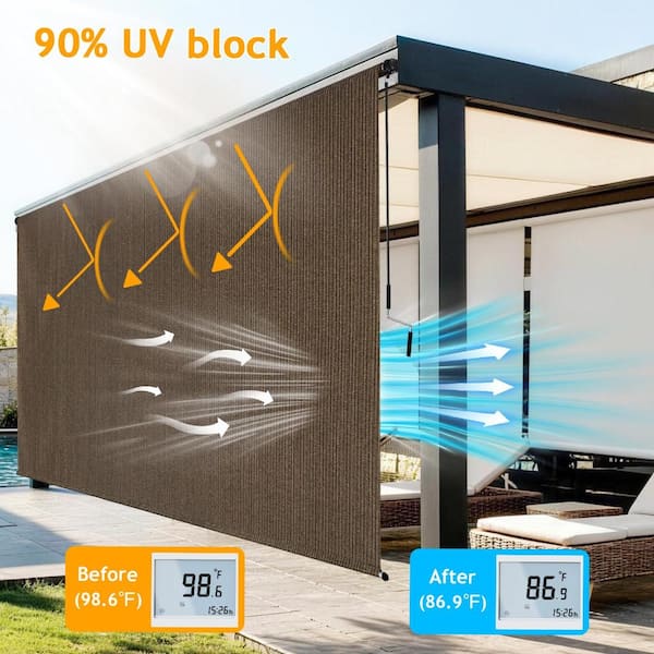 10' W x 8' H Mocha Outdoor Roller Shade with Crank Wand, Cordless