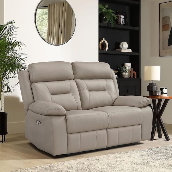 Emillia 62.5 in. W Latte Leather Power Double Reclining 2-Seater Loveseat