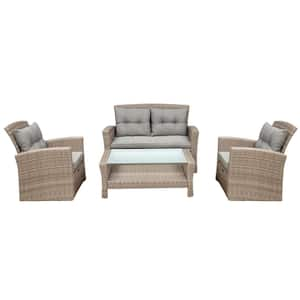 4-Piece Wicker Outdoor Conversation Sectional Sofa Set with Ottoman and Gray Cushions