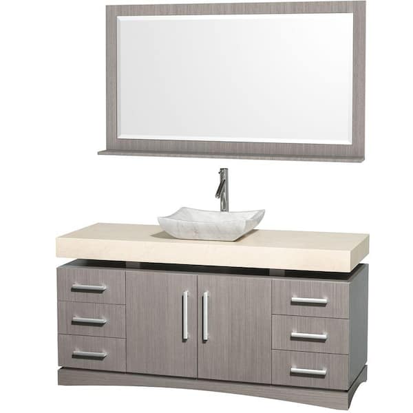 Wyndham Collection Monterey 60 in. Vanity in Grey Oak with Marble Vanity Top in Ivory and Carrera Marble Sink-DISCONTINUED
