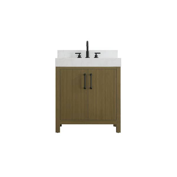 30 in. Single Sink Chestnut Brown Bath Vanity with White Engineered Marble Top and Backsplash