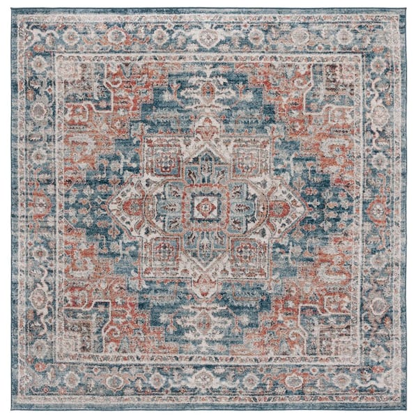 Vintage Tabriz 7 ft. x 7 ft. Blue/Rust Distressed Aztec Medallion Square Area Rug