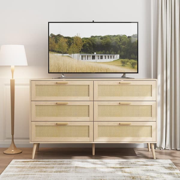 GDFStudio Sardis Boho 6-Drawer Wood and Rattan Dresser, Natural Wood