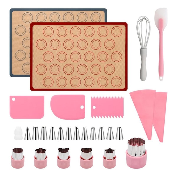 28-Piece Macaron Baking Kit w/ Silicone Mats, Piping Bags, Tips, Scrapers, Egg Beater, and Embossing Molds