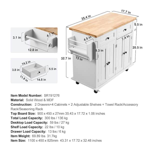 Kitchen Cart 35.4 in. Mobile Storage Cart with Solid Natural Wood Top, Rolling Kitchen Table, Portable on Wheels, White