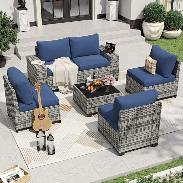 Gray 6-Pieces Rattan Wicker Steel Patio Outdoor Sectional Set with Blue Cushions, Coffee Table and Cover