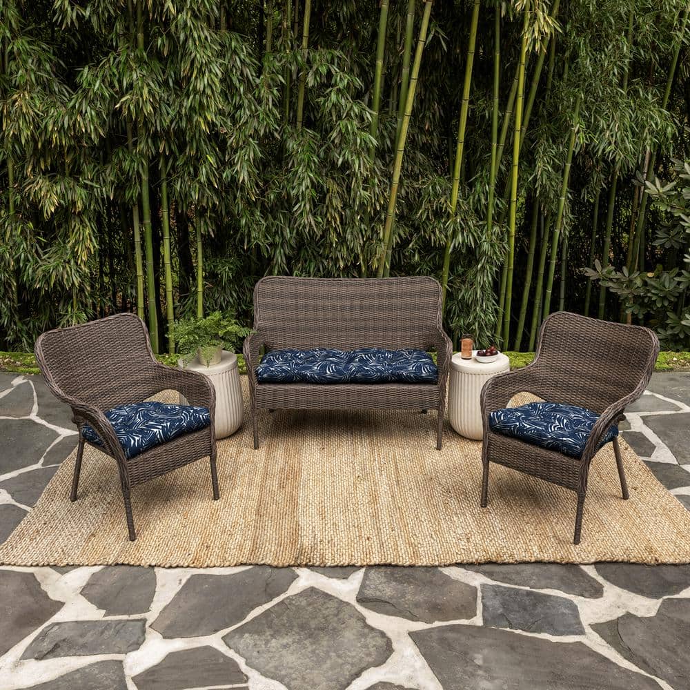 Navy Blue Palm Bamboo Polyester Outdoor Settee Cushion