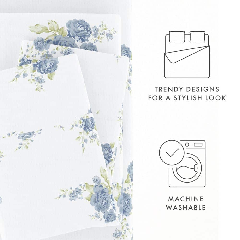 Light Blue Floral Cotton Flannel Twin Sheet Set with Deep Pockets