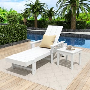 Shoreside 2Piece Modern Poly Plastic Adjustable Reclining Outdoor Patio Chaise Lounge Armchair and Table Set, White