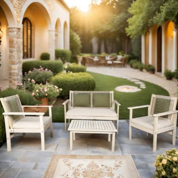 Avah 4-Piece Acacia Wood Patio Outdoor Conversation Set With Beige Cushions