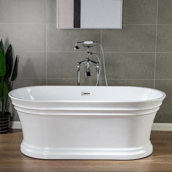 WOODBRIDGE Tarbes 59 in. Acrylic FlatBottom Double Ended Bathtub with Polished Chrome Overflow and Drain Included in White