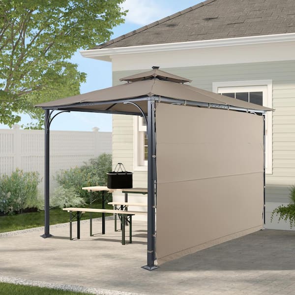 Zeus & Ruta Patio 9.8 ft. L x 9.8 ft. W Brown Gazebo with Extended Side Shed/Awning and LED Light for Backyard, Poolside, Deck