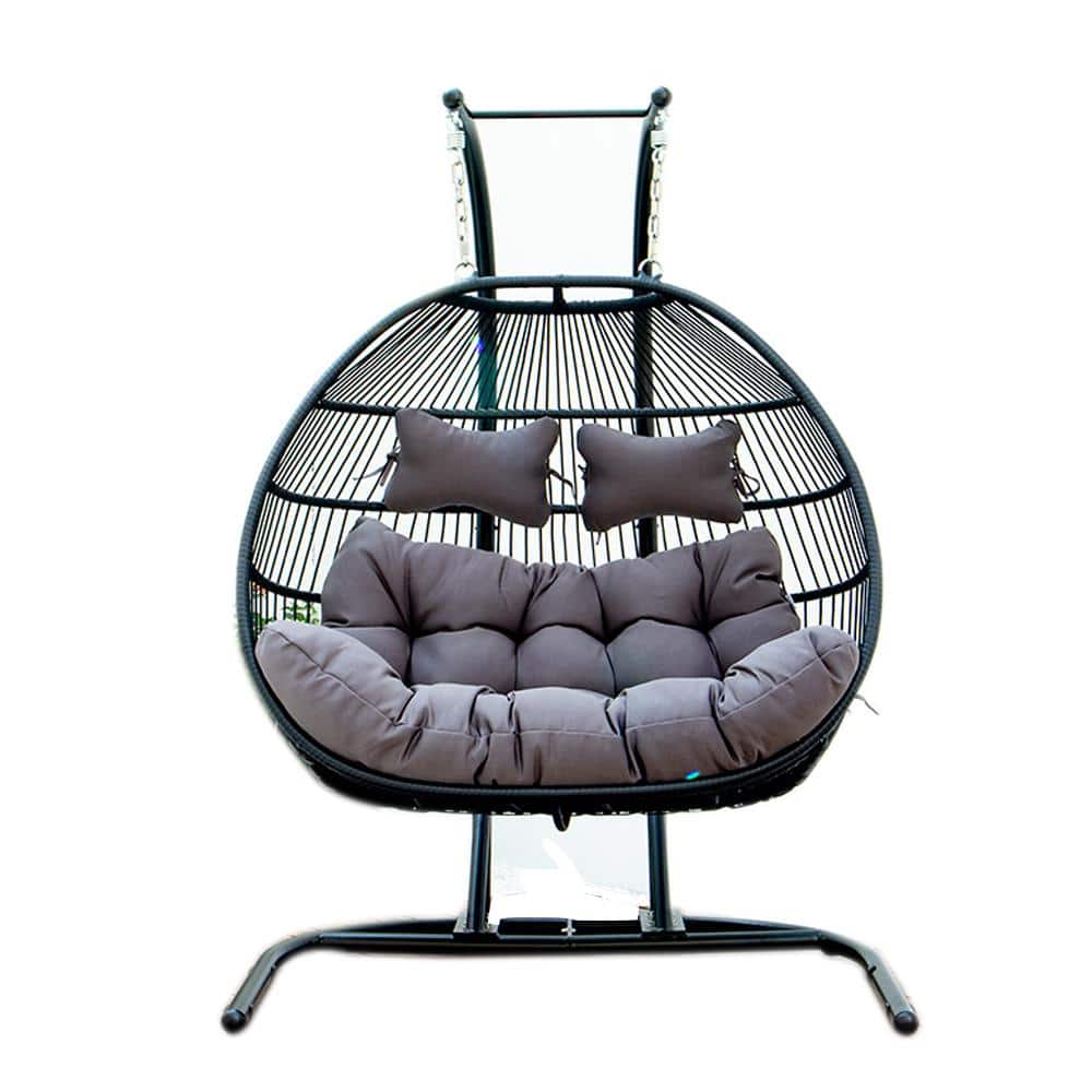 Wicker Hanging Double-Seat Patio Swing with Gray Cushion