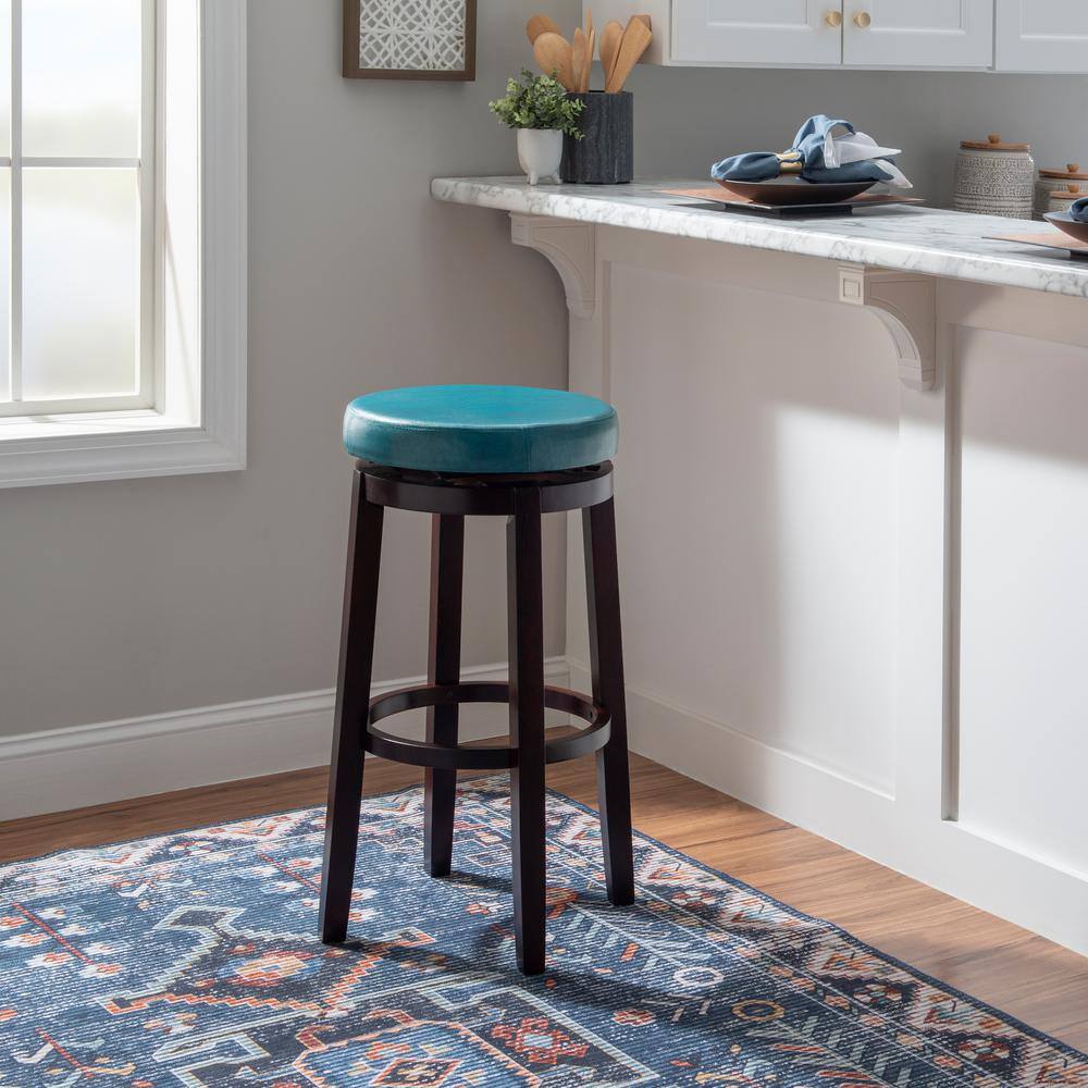 Teal Backless Swivel Wood and Leather Bar Stool
