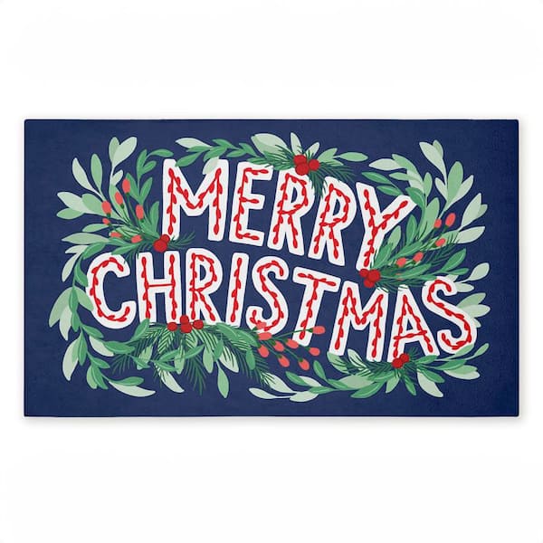 Merry Christmas and Greenery Blue 18 in. x 30 in. Polyester Non-Slip Outdoor Door Mat