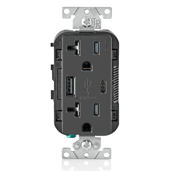 Leviton 20 Amp Type A and Type-C USB Charger/Tamper Resistant Receptacle, Black
