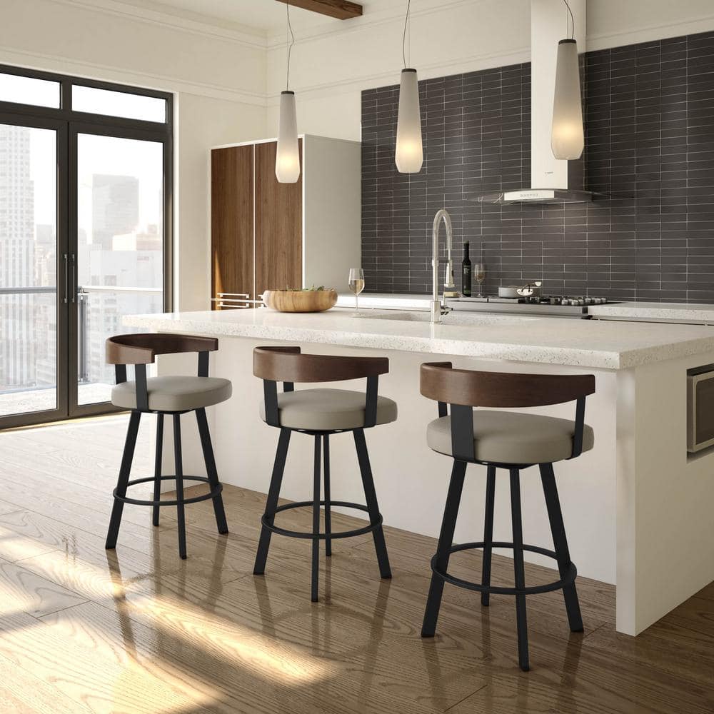 Greige Faux Leather Swivel Barstool with Black Metal and Brown Wood