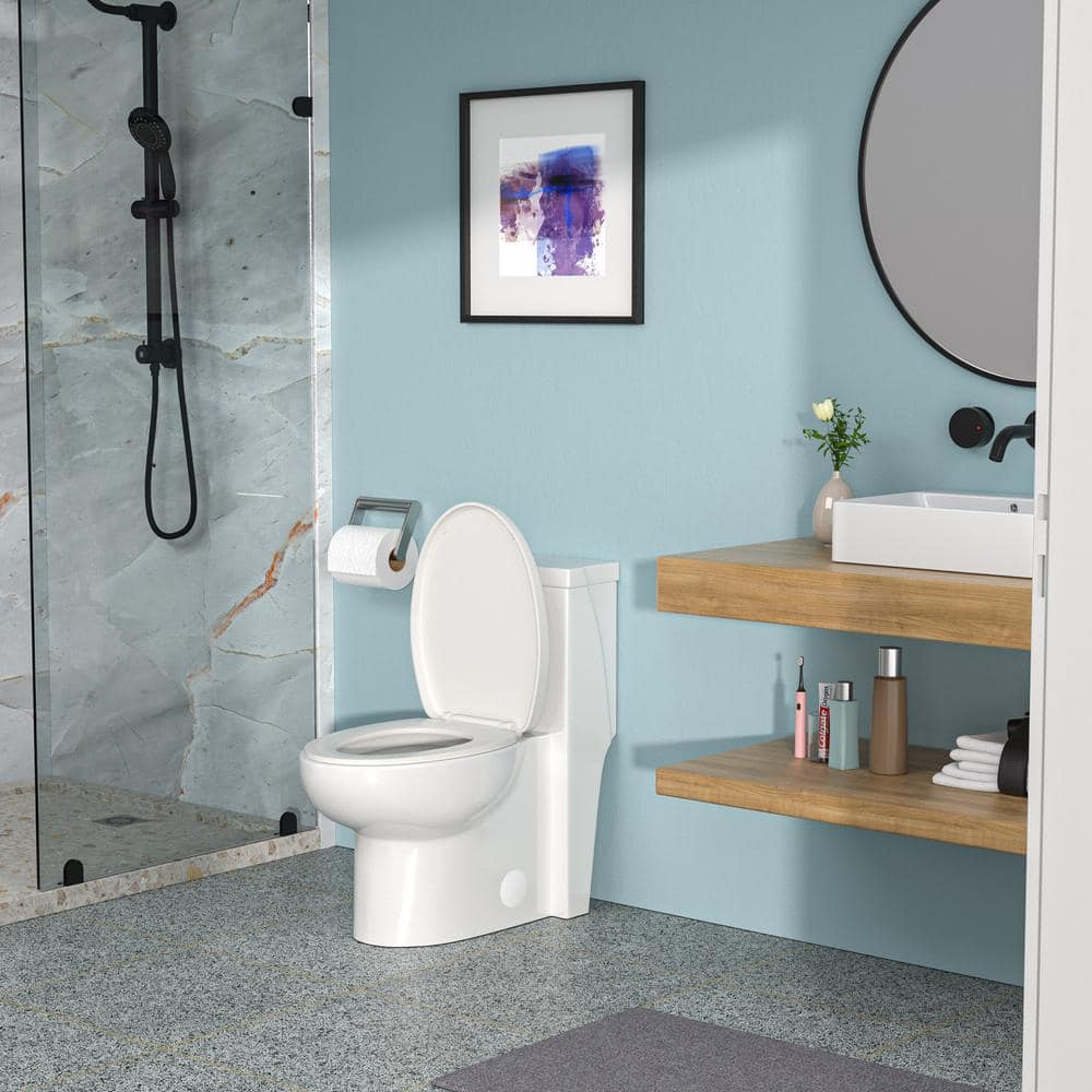 White Ceramic Elongated One-Piece Toilet with Silent Flush