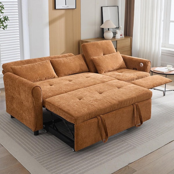 Orange 2-in-1 82 in. Rectangle Convertible Chenille Queen Size Sofa Bed with Reversible Recliner, Dual USB Charging