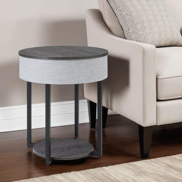 Benjara Seme 18 in. Black and Gray Round Wooden End Table with Wireless Charging and Built In Speakers