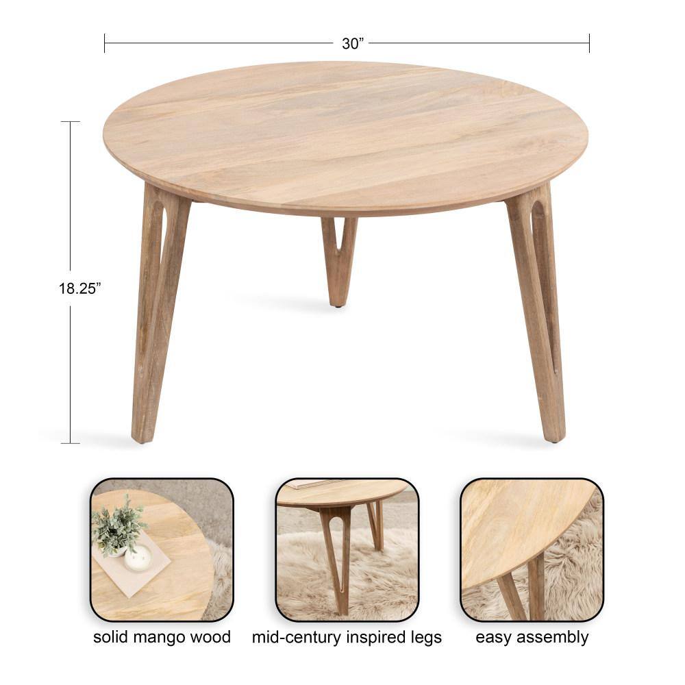 Natural Mango Wood Round Coffee Table with Hairpin Legs