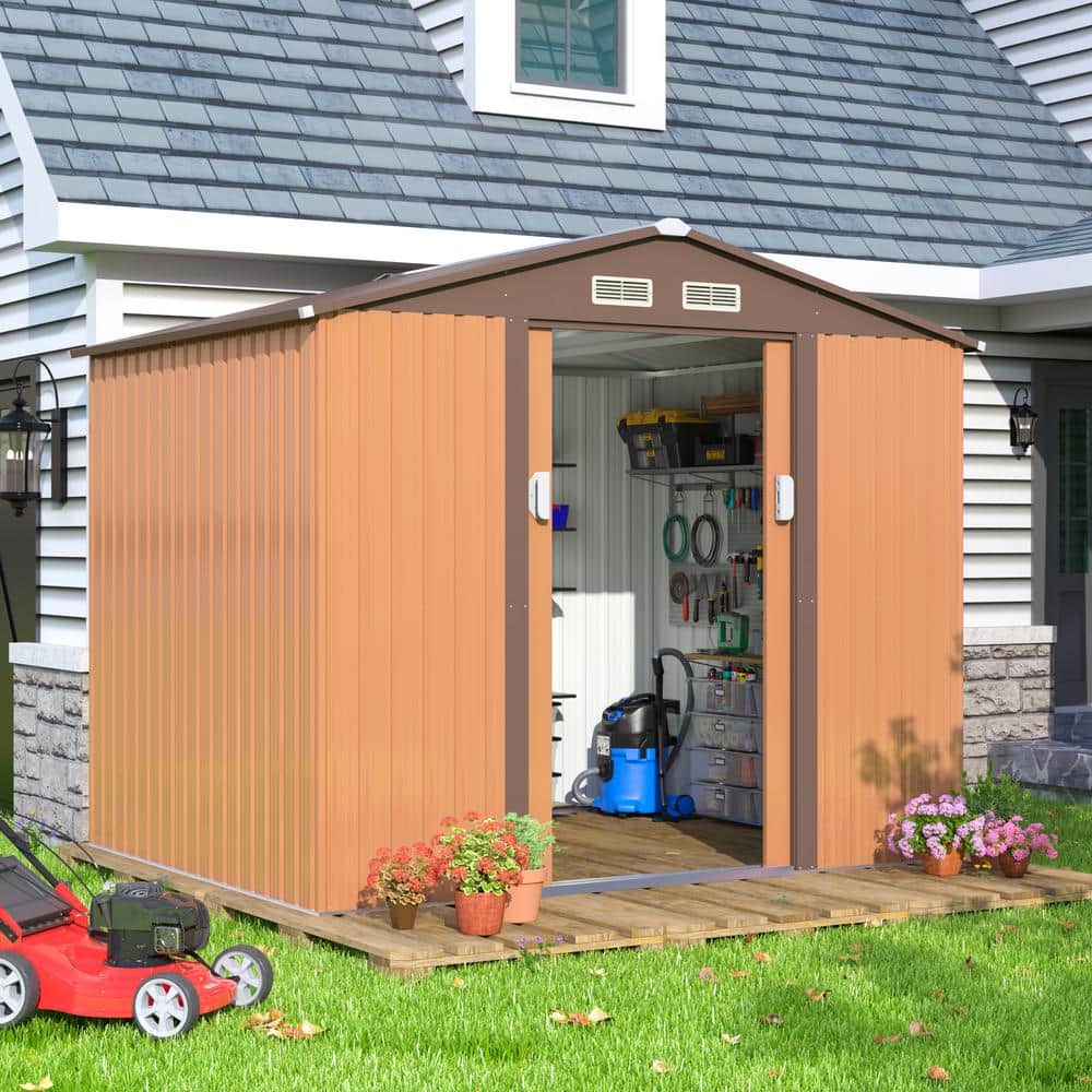 JAXPETY 8.4 ft. W x 6.7 ft.D Metal Shed Outdoor Storage Building with Sliding Door, 4 Vents( 56.28 sq. ft.), Brown -  HG61S0665
