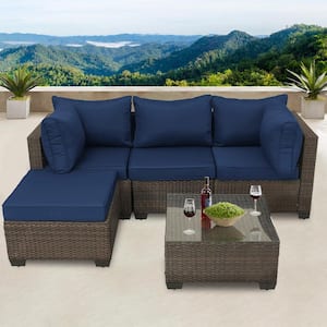 5-Piece Brown Wicker Outdoor Sofa Sectional Set with Dark Blue Cushions
