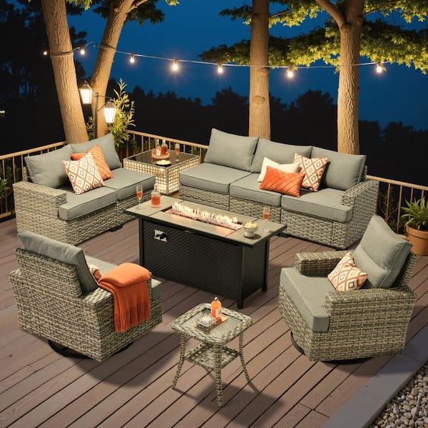 Novique 10-Pieces Wicker Rectangular Fire Pit Sets and Swivel Rocking Chairs with Dark Grey Cushion