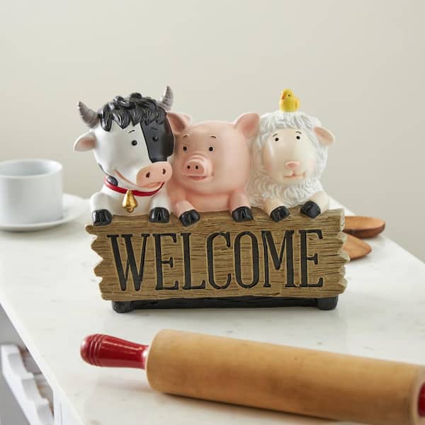 Litton Lane 11 in. x 9 in. Multi Colored Polystone Farm Animals Sculpture with Brown Welcome Sign