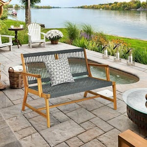 Wooden Outdoor Loveseat Rope Bench Patio Garden with Armrest and Backrest