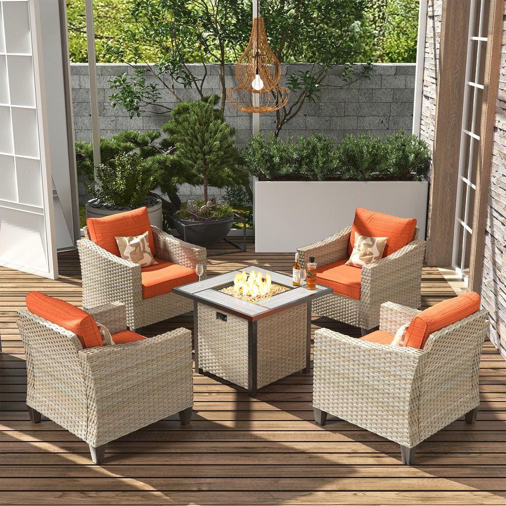 Oconee Beige 5-Piece Modern Outdoor Patio Conversation Sofa Seating Set with a Fire Pit and Orange Red Cushions -  HOOOWOOO, FP-DAR805C